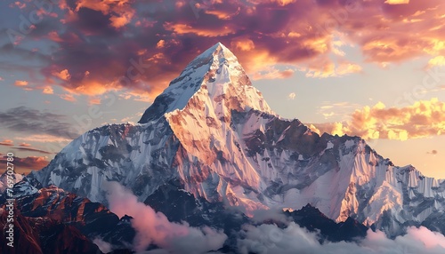 Majestic Mountain Peak Reaching for the Sky at Sunset, a Breathtaking Natural Landscape