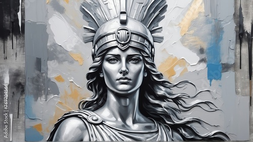 greek goddess athena portrait silver theme oil pallet knife paint painting on canvas with large brush strokes modern art from Generative AI
