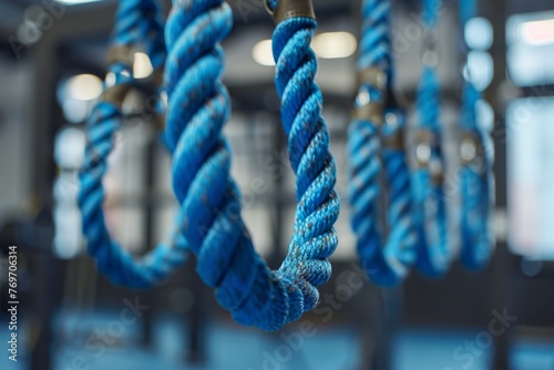 A blue rope is hanging from a hook in a room, creating a functional and practical image