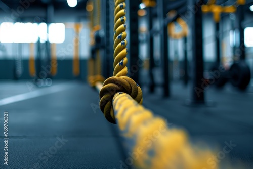 A yellow rope hangs from the ceiling of a gym, ready for functional training exercises