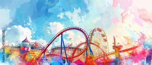 Vibrant watercolor scene of a roller coaster looping against a sunny sky in a bustling theme park