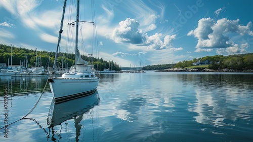 A white sailboat peacefully moored in the harbor. 