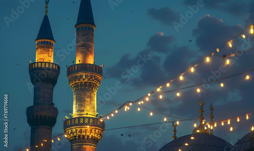Illuminated minaret symbolizes spirituality in famous Blue Mosque