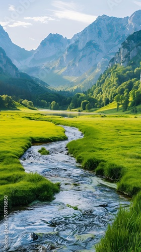 River winding its way through a lush green grassy field with mountain background.