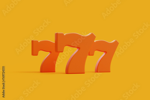 The lucky number seven appears thrice in a vibrant orange hue, a common jackpot symbol in slot gaming. 3D render illustration