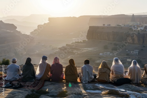 A group of pilgrims sit atop a cliff, taking a break on their pilgrimage journey, admiring the view