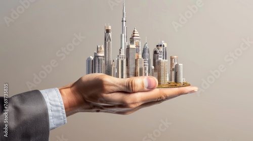 hand holding a pencil, A photo of a businessman's hand is shown holding a miniature replica of a city skyline, with tall buildings and landmarks, against a neutral background