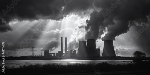 A black and white photo of a power plant with smoke billowing out of it