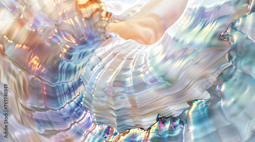 A mesmerizing close-up of iridescent mother-of-pearl showcasing wavy patterns and a play of light creating a sense of fluidity