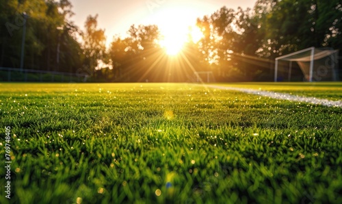 Soccer field green grass at sunset