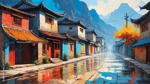 rural street town in china theme oil pallet knife paint painting on canvas with large brush strokes modern art illustration from Generative AI