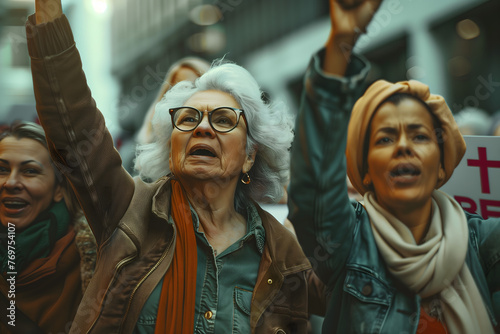 Elderly mature women of different nationalities protest by raising their hands