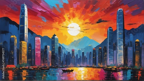 Sunset in hong kong china theme oil pallet knife paint painting on canvas with large brush strokes modern art illustration abstract from Generative AI