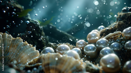 Close-up image of pearls and seashells underwater with light rays penetrating the deep blue sea, evoking a sense of discovery and mystery