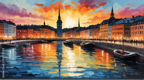 Sunset in stockholm sweden theme oil pallet knife paint painting on canvas with large brush strokes modern art illustration abstract from Generative AI