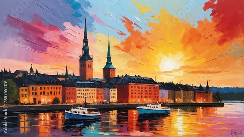 Sunset in stockholm sweden theme oil pallet knife paint painting on canvas with large brush strokes modern art illustration abstract from Generative AI