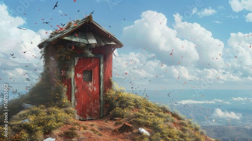 a red shed on a hill with birds flying in the sky