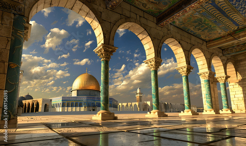 The view on the dome of the rock through the scales of souls colonnade, jerusalem, israel