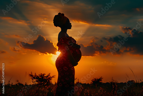  beautiful pregnant nigerian woman standing in front of an epic sunrise surrounded by godrays