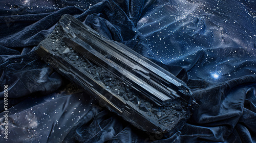 A stunning black tourmaline crystal contrasts vividly against a shimmering deep blue fabric backdrop, reflecting light