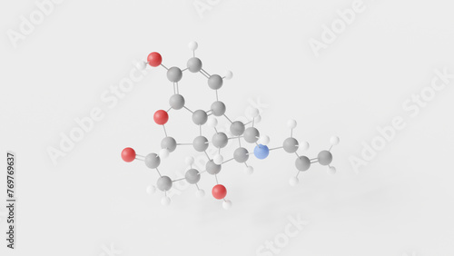 naloxone molecule 3d, molecular structure, ball and stick model, structural chemical formula opiate antagonists