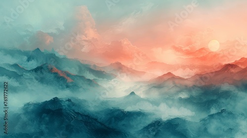 Surreal mountain landscape at sunset