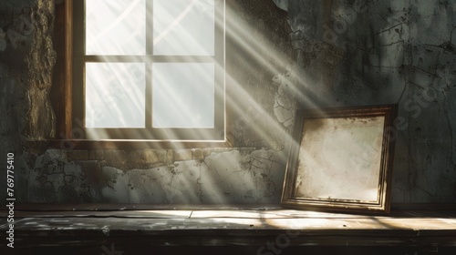 Sunbeams streaming through a dusty window in an abandoned room