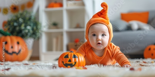 A baby wearing an adorable costume for their first Halloween. 