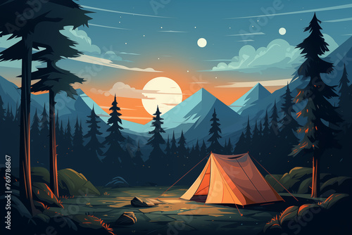 Cartoon camping in woods. Summer night forest with tents and campfire, adventure travel and vacation in nature. Flat illustration