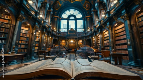 Librarian's glasses and book in a grand, old library
