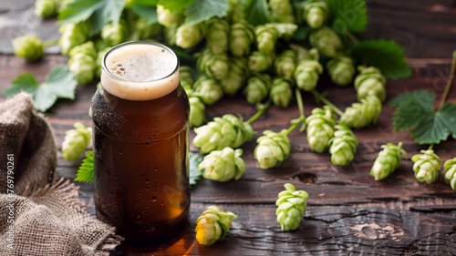 A cluster of hops next to a bottle of craft beer, brewer's choice