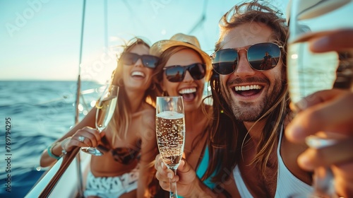 Friends enjoying a fun-filled day of sailing in the ocean while lounging on a luxurious yacht and sipping champagne. The idea of sailing and traveling. Generative AI.