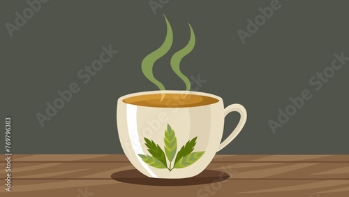  A closeup of a steaming cup of herbal tea made with dried leaves and herbs against a rustic wooden background.