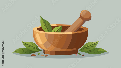  A wooden mortar and pestle filled with crushed dried herbs ready to be used in a healing tonic.