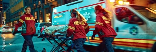 Female rescuers pushing a gurney with a patient with the inscription ambulance on t-shirts