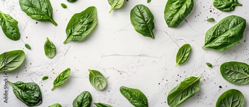 A pile of green spinach leaves arranged on a white background with a light scattering of salt
