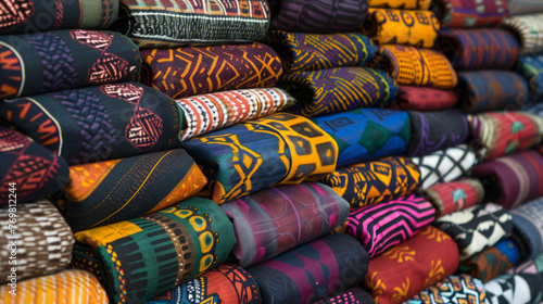 Vibrant piles of traditional African textiles with intricate patterns, symbolizing regional craftsmanship