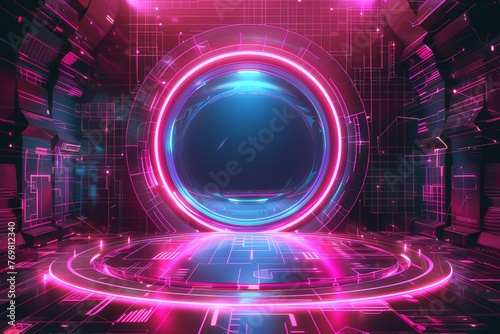 Technology hologram light podium background circular portal cyberpunk digital effect