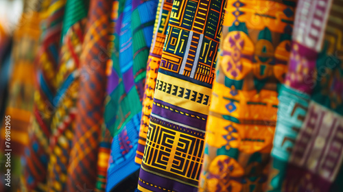 Detailed view of colorful African woven and printed fabrics reflecting cultural artistry and textile tradition