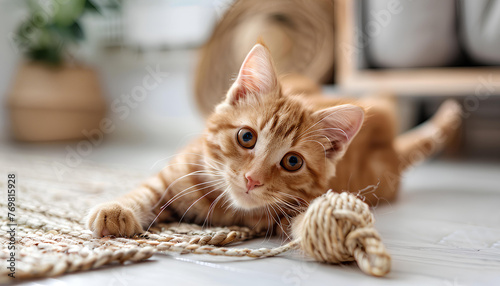Cute ginger cat playing sisal toy on white floor at white home
