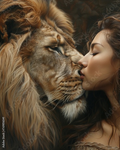 closeup of asian woman kiss lion