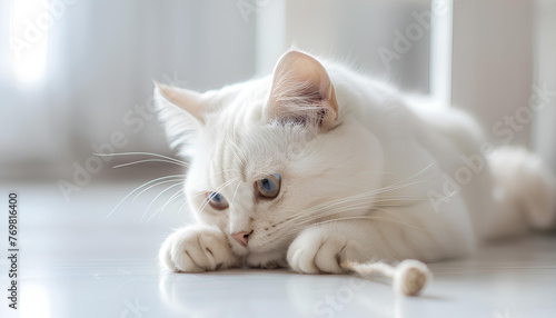 Cute white cat playing sisal toy on white floor at white home