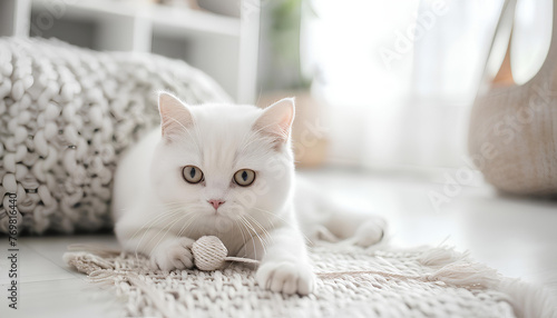 Cute white cat playing sisal toy on white floor at white home