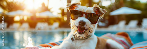 Dog in sunglasses on the beach, summer banner: pet enjoying the sun, sea breeze, happy vibes