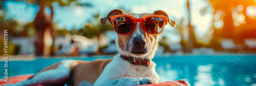 Seaside adventures, dog in sunglasses on the beach, leisurely strolls