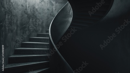 A monochromatic image of a sleek, modern spiral staircase in minimalist architectural environment.