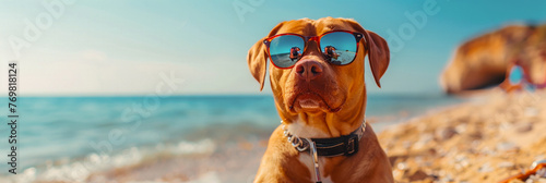 Dog in sunglasses on the beach, traveling with a pet, sunny vacation vibes, coastal adventure.