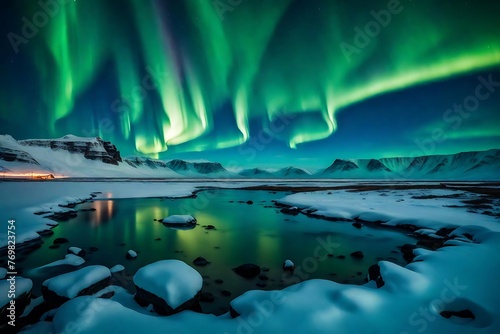 a breathtaking view of northern lights shimmering over a snowy Icelandic landscape