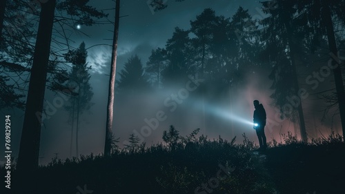 Lone person with a flashlight in misty forest at night under moonlit sky.