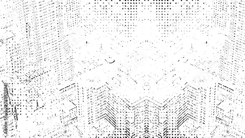 Pixel disintegration, decay effect. Various rectangular elements made of round shapes. Pixel city view background.